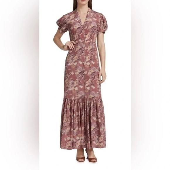 NWT CAROLINE CONSTAS Nancy Floral Silk Puff-Sleeve Maxi Dress Ex Small Authentic - Picture 1 of 16